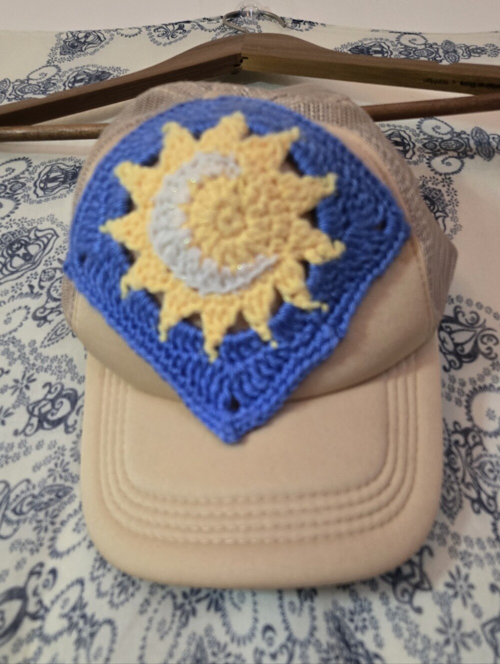 4/$15 Celestial Crochet Sun Moon Trucker Hat Beige Blue Boho Festival Y2K